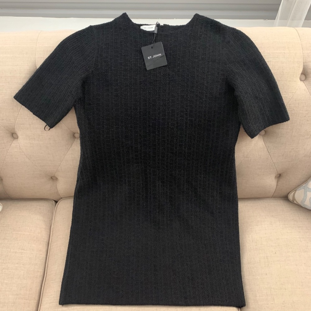 NWT St. John BLACK Formfitting Bouclé-knit Minidress - Size 14 - Picture 3 of 15